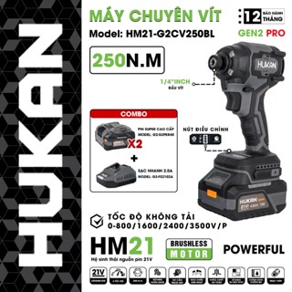 Máy chuyên vít pin Hukan HM21-G2CV250BL, Động cơ Không chổi than 250Nm, 4 Tốc độ| Bắn mái tôn, mái nhà [Hàng chính hãng]