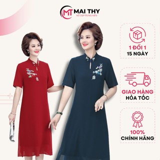  Váy Trung Niên Thiết Kế MAI THY Mẫu Đầm Thêu Tặng Mẹ Mặc Tết Ngắn Tay Chất Voan Quảng Châu Cao Cấp | Thời Trang Nữ U40 