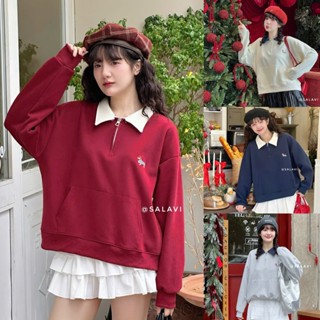  Áo sweater nỉ cổ bé phối khóa kéo thêu hình cún mini áo nỉ cổ polo trơn nhiều màu có túi trước Salavi H3 323 