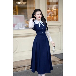 Váy đầm thiết kế váy xinh nhẹ nhàng Váy xanh than phối cổ và tay trắng điệu đà_V340 