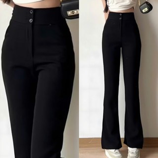 Quần ống loe cạp cao dáng dài 2 nút cài tôn dáng màu Đen - Quần tây ống loe lưng cao vải Vitex dày mềm đi học công sở