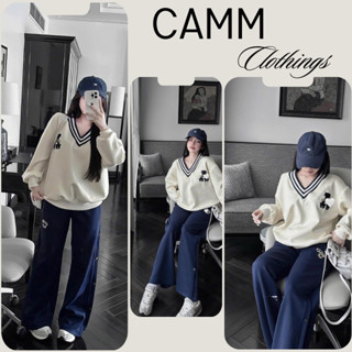  Bộ thu đông nữ,set đồ nữ áo áo nỉ dài tay cổ V viền kẻ sọc in chữ ngực phối quần dài cạp chun ống suông CAMM HCOM3596 