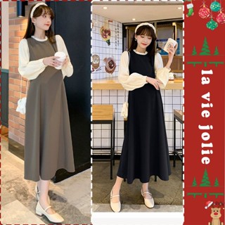 Đầm váy bầu công sở dài tay thu đông thiết kế dáng dài cổ viền phối tay trắng xinh xắn mặc đi làm đi chơi V454