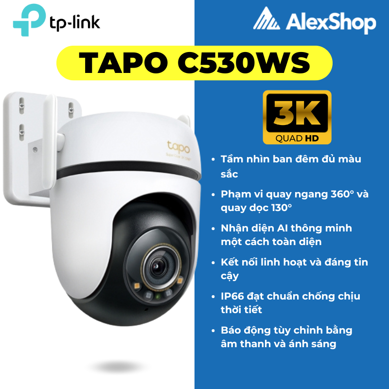 [5M] Camera TP-Link AI Tapo C530WS, Ngoài Trời Quay Quét, Phân Giải Cao 5MP 3K Chính hãng