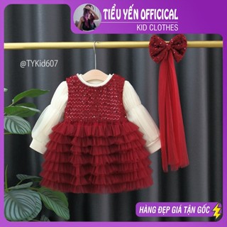 Quần áo trẻ em, Váy dạ đỏ bé gái mặc Noel - Tết lót nhung dày ấm, kèm áo và nơ cài tóc cho bé 8-23kg V607 | Tiểu Yến KID