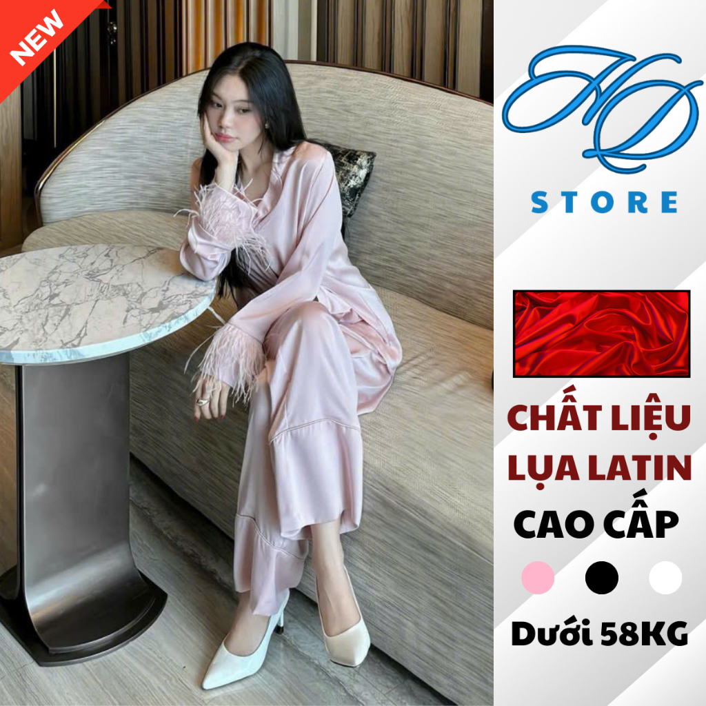 HỎA TỐC- Đồ Bộ Pijama Nữ Cao Cấp Tiểu Thư Lụa Mịn Latin Áo Phối Lông Vũ Bộ Ngủ Đồ Ngủ - HD STORE