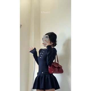 ĐẦM XANH CỔ TRÒN TAY DÀI MIUMIU CHÂN XẾP LY KÈM QUẦN