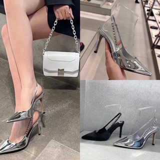   Hàng chuẩn Quảng Châu   Giày cao gót mũi nhọn 7p màu bạc - đen mix chuỗi đá bi tròn 