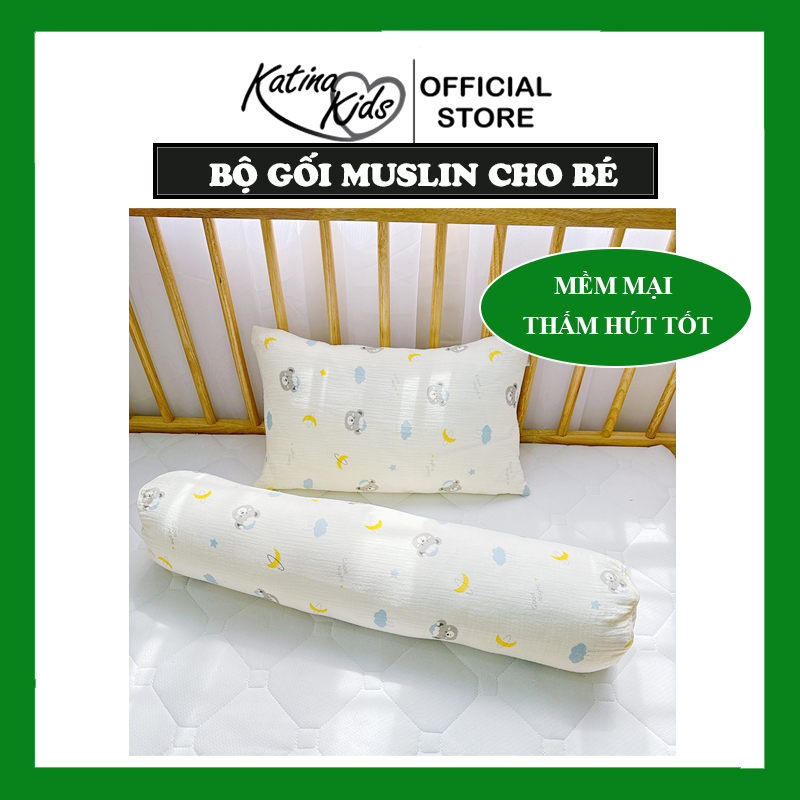 Bộ gối nằm gối ôm cho bé Katina Kids, vải Muslin mềm mại, họa tiết dễ thương