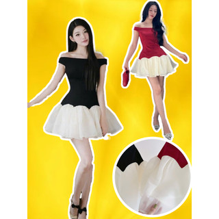  Đầm váy nữ bẹt vai tùng xòe gợn sóng cotton ép xéo + voan tơ45-75KG bigsize đen đỏ trễ vai lễ tết noel đen đỏ KENNY 