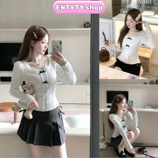 Áo thun dài tay nữ cổ U viền ren phối 2 nơ len QC, Áo len nữ kiểu đẹp