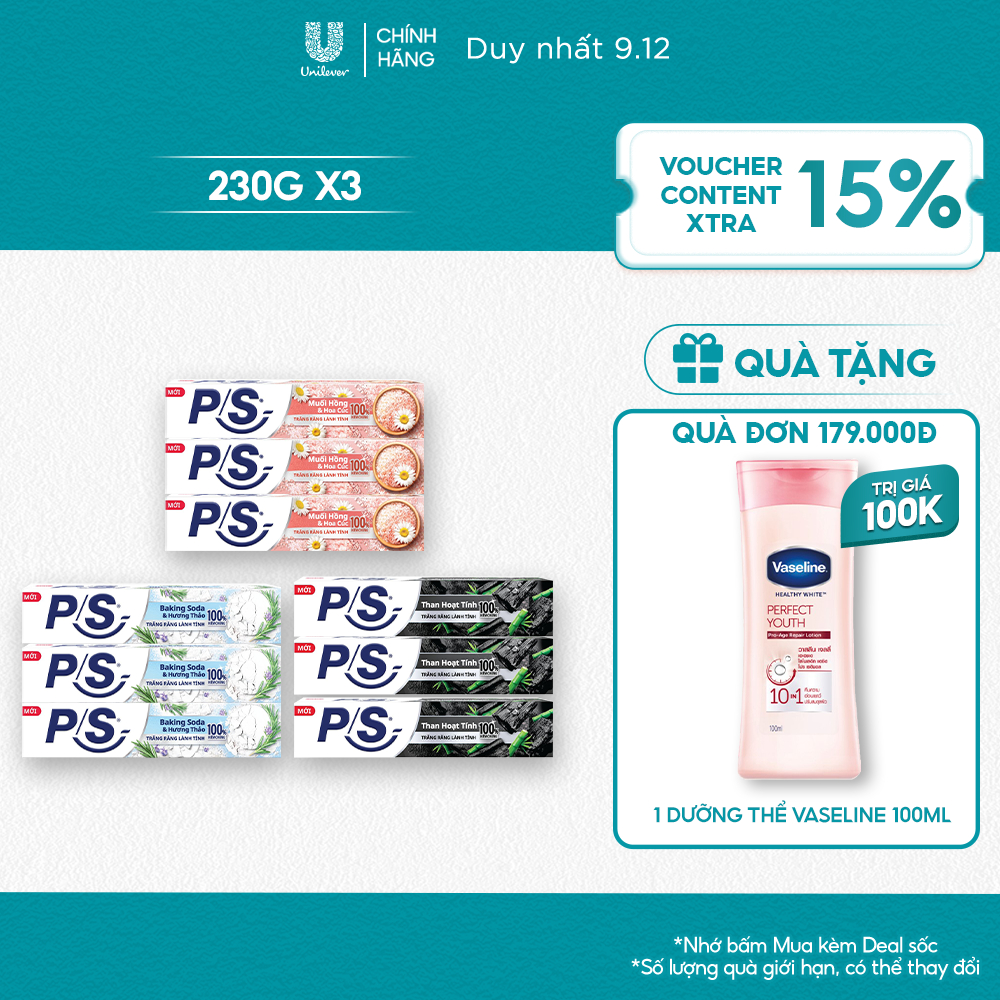 Bộ 3 Kem Đánh Răng P/S Trắng Răng Lành Tính - 100% Kiểm Chứng 230G/ Hộp