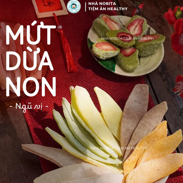 [1KG] Mứt Dừa Non Đường Phèn Nhà Nobita Healthy Loại 1 Cơm Dày, Mềm Dẻo l Vị Truyền Thống & Trái Cây