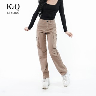  Quần cargo basic túi hộp nữ KQSSTYLING kaki co giãn mềm mịn ống rộng thoải mái - Nâu 