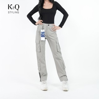  Quần cargo nữ túi hộp KQSTYLING kaki co giãn nhẹ vải mềm lưng thun phối nút phía trước-A13- XÁM NHẠT 