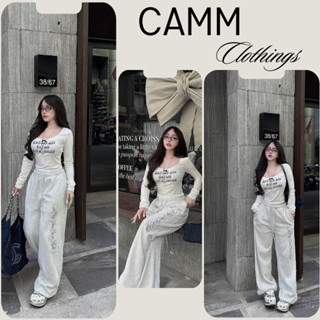 Đồ bộ nữ, set thu đông nữ áo thun cổ vuông dài tay in chữ ngực phối quần dài suông ống rộng cạp chun CAMM HCOM3592