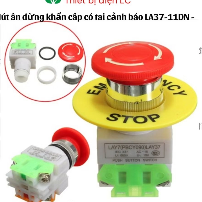 Nút dừng khẩn Lay37 phi 22mm kèm tai cảnh báo nút ấn dừng khẩn,nút nhấn dừng khẩn stop. nút stop tủ 