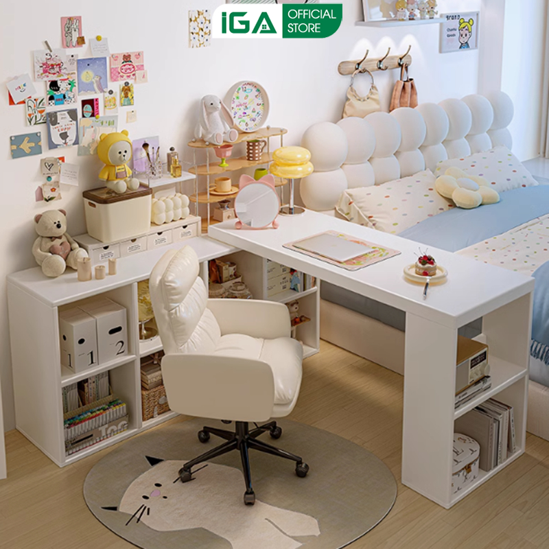 Bàn làm việc kèm giá sách, bàn làm việc chữ L gỗ MDF phủ melamin thương hiệu IGA - GP368