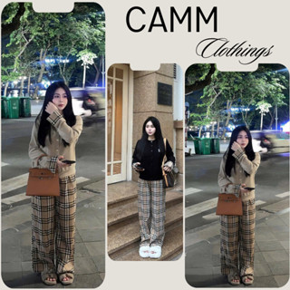 Bộ thu đông nữ, set đồ nữ áo khoác cardigan len thỏ pha viền tay thêu ngựa phối quần dài thô kẻ caro CAMM HCOM3588