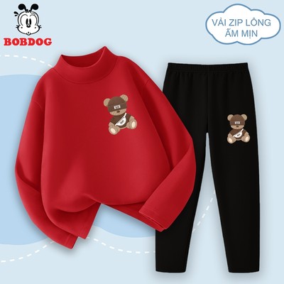 Bộ đồ giữ nhiệt bé trai BOBDOG chất liệu zip lông dài ấm áp co giãn tốt in hình gấu cho bé OY-KS29