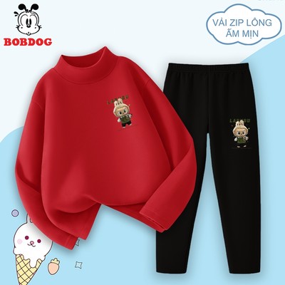 Bộ quần áo dài giữ nhiệt bé trai BOBDOG chất liệu zip lông in hình LABUBU cute OY-KS56 cho bé