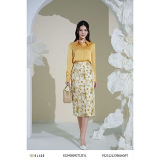 Chân váy gấm hoa ly nền be xếp ly chéo thiết kế Elise FS2312127BKWOPT
