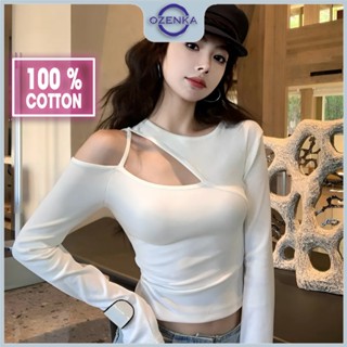 Áo croptop trễ vai tay dài cổ tròn nữ ôm body sang chảnh Ozenka , áo crt kiểu thun cotton đen trắng phong cách Hàn Quốc