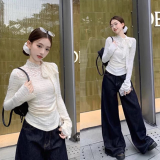 (ẢNH OLDSCHOOL) Áo ren lông thỏ mịn tay dài phối cổ nơ tháo rời Kenco Clothing Sài Gòn