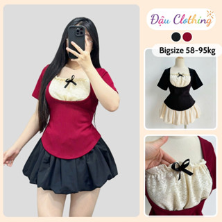 Set Bộ Bigsize Nữ (CÓ LẺ ÁO VÁY) Áo Tiểu Thư Tay Ngắn Phối Ren Kèm Chân Váy Bí Bồng Noel Tết SET948