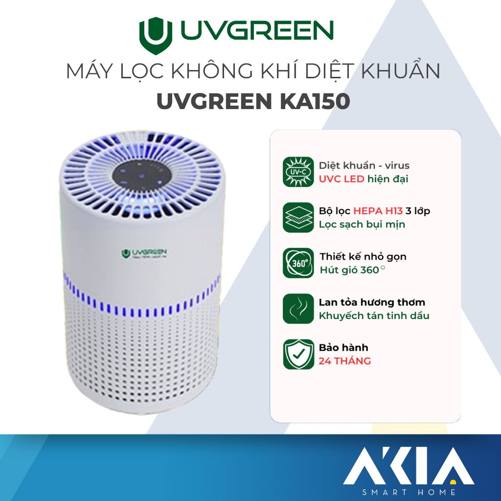 Máy lọc không khí UVGREEN KA150 diệt khuẩn bằng tia UV - Lõi HEPA H13, Khe hút gió 360 độ