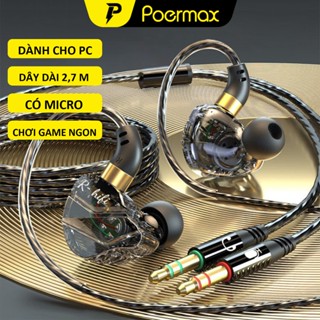 Tai nghe PC gaming có dây in ear dây dài 2,5m có mic đàm thoại jack cắm đôi 3.5mm- Poermax M35