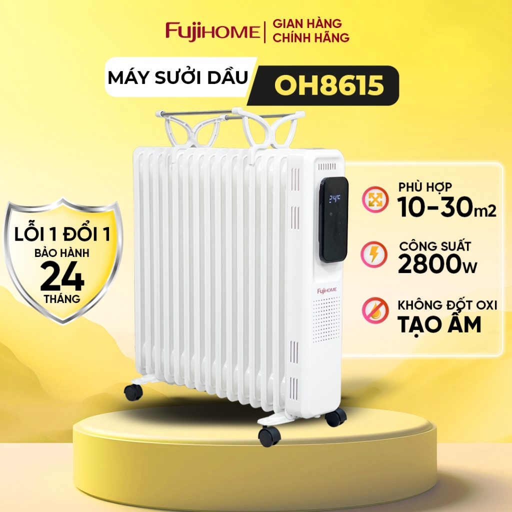 Máy sưởi dầu 15 thanh không khô da Nhập Khẩu Fujihome, quạt sưởi ấm phòng 30m2 điều chỉnh nhiệt độ ko đốt oxy an toàn
