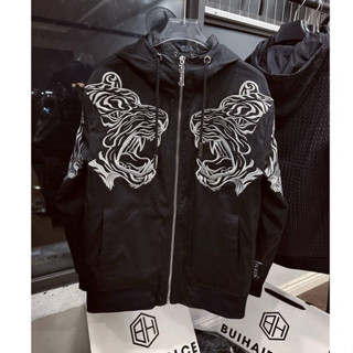 (Hàng Đẹp) - Áo Khoác Gió Thêu Hổ Trắng Philip Plein Logo Mũ Sắt - Áo Khoát Gió 2 Lớp Dày Dặn Ấm Áp