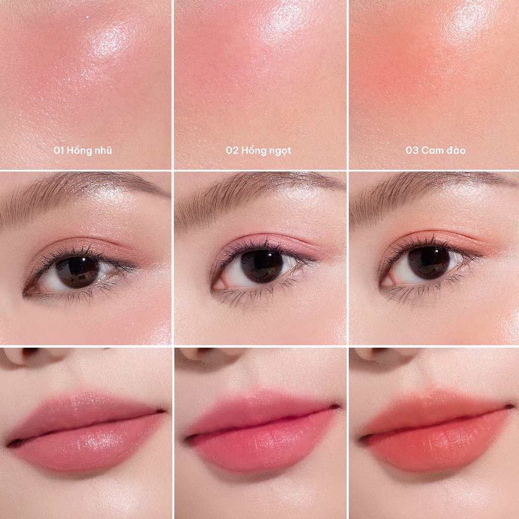 Kem Trang Điểm Thuỷ Tinh 3in1 Tích Hợp Phấn Má Phấn Mắt Son Môi Bền Màu Bắt Sáng Lên Màu Tự Nhiên Cỏ Mềm 5g