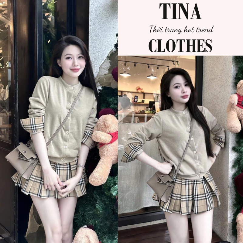  Set thu đông áo len cardigan dáng dài tay phối chân váy xếp ly kẻ caro Tina đồ bộ nữ sang chảnh trẻ trung hcom3595 