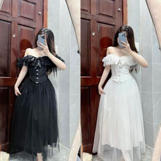 SET ÁO QUÂY NƠ VIỀN BÈO PHỐI CHÂN VÁY LƯỚI DÀI DỰ TIỆC SANG CHẢNH SHOP NGHI 85