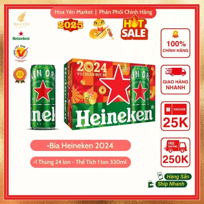 Thùng 24 Lon Bia Heineken Xanh - 330ml/1Lon - Hoa Yên Market - Bia đầm, Uống Nhẹ Không Gắt - Tết Làm