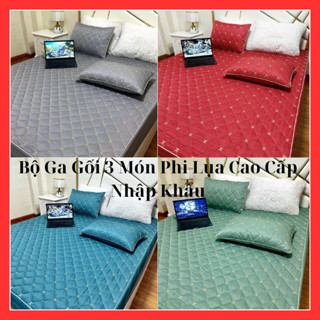 Bộ Ga Gối 3 Món Phi Lụa thương hiệu Cao Cấp Nhập Khẩu.Ga Gối Phi Lụa Trần Bông Bo Chun Phủ Kín Nệm 1Ga + 2Gối