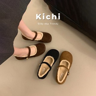 Giày da lộn mix lông cừu KICHI giày nữ đế bệt mary jane ấm chân mùa đông giày mẹ bầu 668