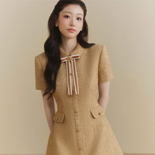 Đầm Dạ Tiểu Thư  Màu Vàng Đính Nơ HIBEESTORE, Váy Thiết Kế Chất Liệu Dạ Cao Cấp Cho Nàng Đi Tiệc Thanh Lịch VDKS_46 HB50