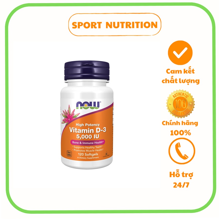 NOW Vitamin D-3 5000 IU viên uống bổ sung vitamin d3, giúp tăng cường đề kháng, chắc khỏe xương khớp