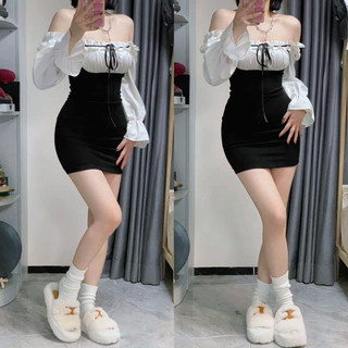 [SẴN, ẢNH THẬT] 𝐓𝐕 𝐒𝐎𝐔𝐋 | Đầm body đen trắng phối ren/bèo tay dài