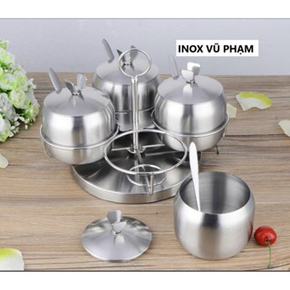BỘ 4 HỦ HOẶC BỘ 3 HỦ Đựng Gia Vị Inox 304 Kèm Khay Đựng cho Nhà bếp Quán Ăn (Ảnh thật shop tự chụp)