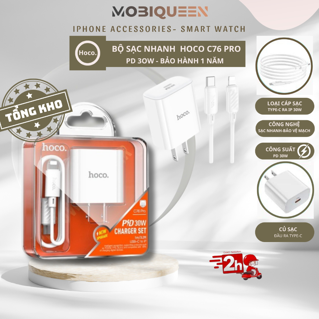 Bộ Sạc Nhanh PD 20W/ 30W  Hoco C76/C76A Plus Chuẩn Type-C, Đầu Ra IPPD Cho 8/8P X/Xs 11/12/ 13/14 Pr