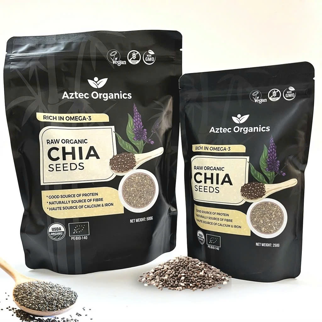 Hạt Chia Hữu Cơ Aztec Organics Túi 100g, 250g, 500g – Sản Phẩm Eat Clean, Hỗ Trợ Giảm Cân