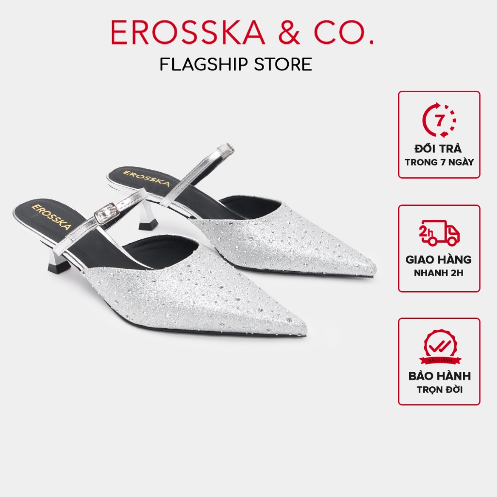 Erosska - Guốc cao gót nữ quai ngang phối dây kiểu dáng đơn giản màu bạc satin 6cm - EL064