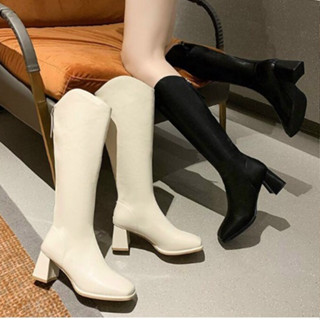  Bốt đùi da nữ khoét trước cổ vát mũi nhọn đế vuông khoá cạnh cao cấp full box boot nữ đùi da lì khoét cổ cao bồi  