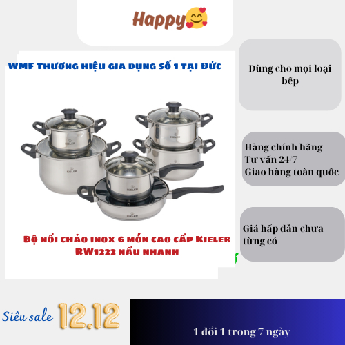 Bộ nồi chảo inox 6 món cao cấp Kieler RW1222 nấu nhanh, tiết kiệm điện (Gồm 4 nồi và 2 chảo)