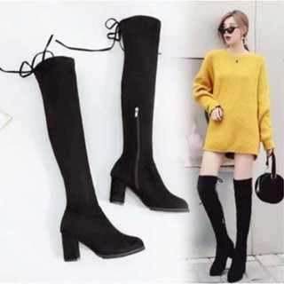   quà tặng kẹp tóc Boot đùi nữ da lộn bốt đùi nữ da lộn cao gót lót lông khoá cạnh gót vuông buộc dây thời trang du lịch 