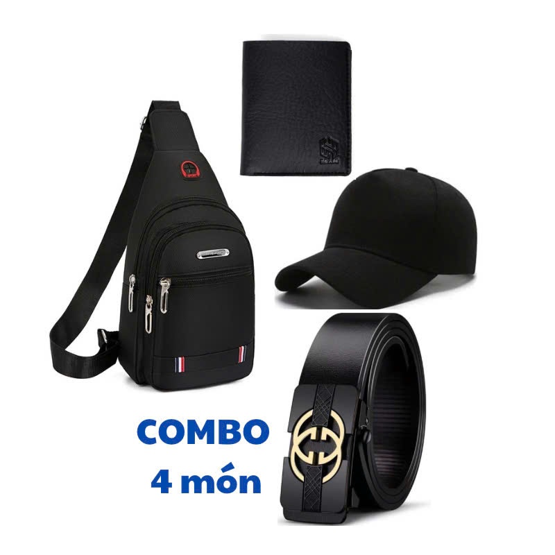 COMBO BỘ 4  món gồm Túi Đeo Chéo vải canvas+ Thắt Lưng da khóa tự động+ VÍ da dáng đứng+ Mũ lưỡi trai